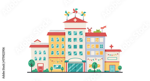 Delightful children's hospital with playful architectural design on white backdrop