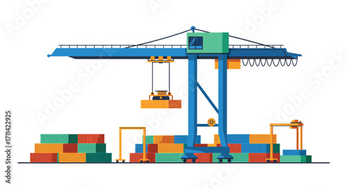 Stylized vector illustration of a vibrant gantry crane at container yard