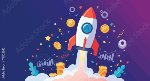 Cartoon rocket blasting off amidst financial success and market growth symbols