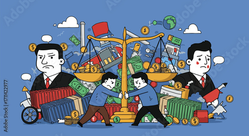 Conceptual depiction of global trade dispute, featuring imbalance and friction