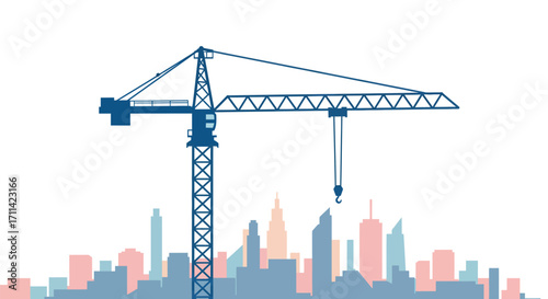 Stylized vibrant tower crane silhouette on a colorful city skyline