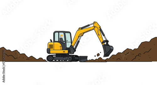 Stylized flat vector illustration of a yellow mini excavator digging trench