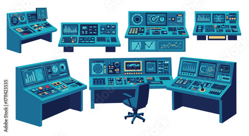 Stylized Control Room Illustration with Operator Panels and Stark White Backdrop