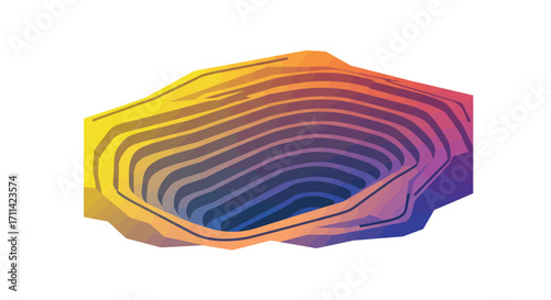 Stylized Flat Vector Illustration of a Vibrant Open-Pit Mine with Stepped Benches