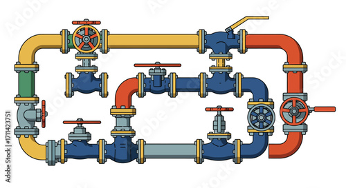 Stylized Industrial Pipeline System with Colorful Valves and Connections