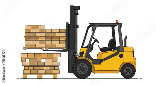 Stylized forklift illustration lifting stacked wooden pallets in warehouse