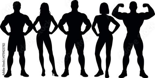 Diverse group silhouette of muscular men and women posing with confident athletic bodybuilder stance silhouette