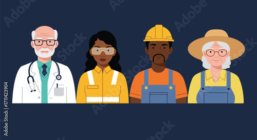 Diverse essential workers featuring doctor, engineer, construction worker, and farmer