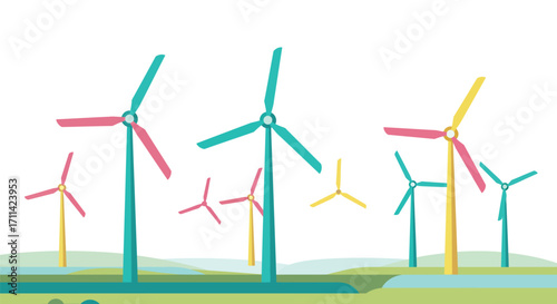 Whimsical wind farm illustration showcases renewable energy landscape