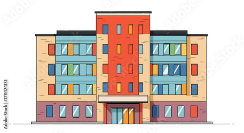 Stylized flat vector illustration of vibrant city hospital building