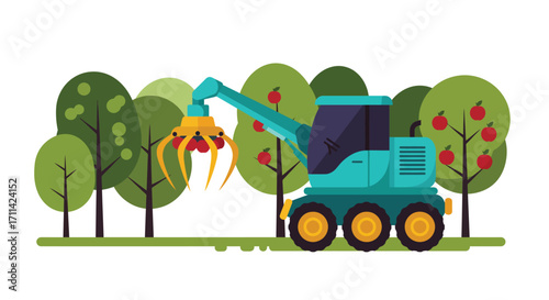 Stylized illustration of fruit picking machine in an orchard with ripe apples