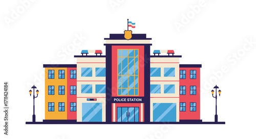 Stylized vector illustration of a colorful modern police station building