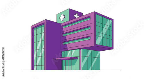 Modern healthcare facility with geometric design elements against white backdrop