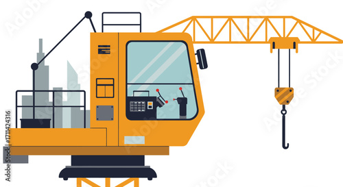 Stylized Tower Crane Illustration Detailing Operator Cabin And Cityscape