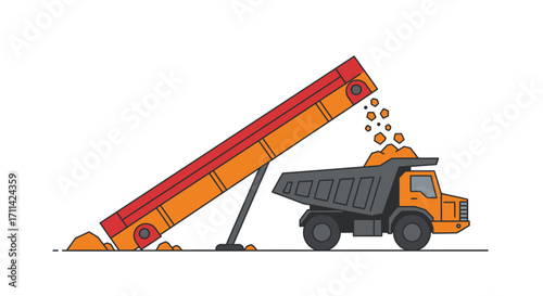 Stylized flat vector illustration shows ore chute filling a dump truck