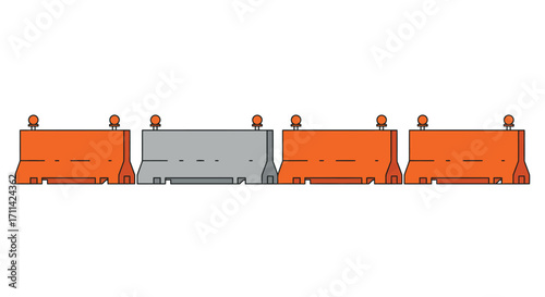 Row of construction barriers providing safety and road management tool