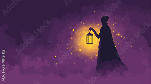 Silhouette figure holding lantern nighttime scene