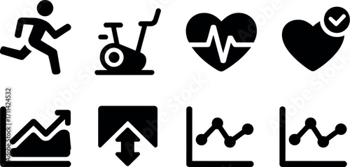 Set of eight black and white icons representing fitness health and data analysis for sports silhouette