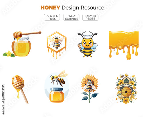Honey Resource Design, Bee with Honey Vector Illustration, Golden Honeycomb, Natural Food Icon, Sweet Bee Art Organic Honey Symbol Decorative Logo Concept.