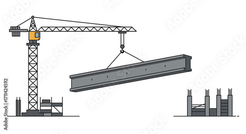 Construction crane lifting prefabricated concrete beam in flat vector style
