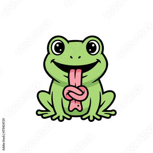Funny Frog Character Logo With Tongue Twisted in a Knot, Humorous Mascot