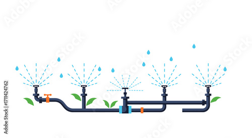 Flat vector illustration showcasing vibrant irrigation system against white