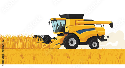 Harvest time: stylized combine harvester illustration in golden wheat field