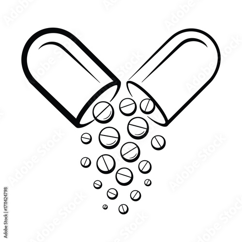 Open capsule releasing small round pills and powder in a hand drawn sketch style