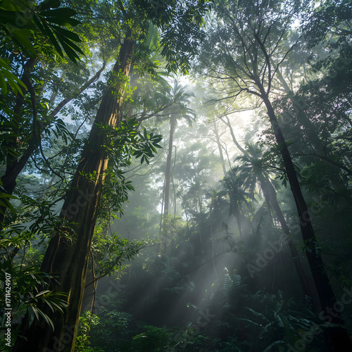 “Morning Sunlight Through Dense Tropical Forest in Java, Indonesia”