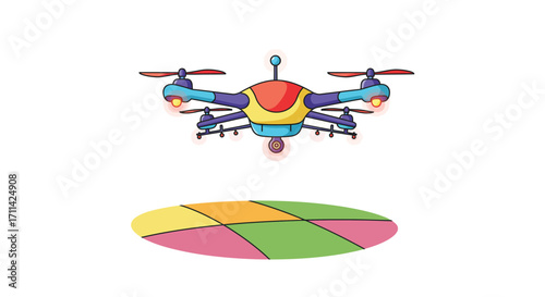 Stylized drone surveying multi-colored patchwork field for agriculture data