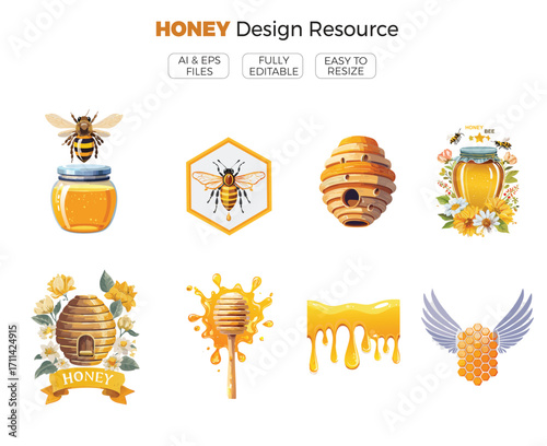 Honey Resource Design, Bee with Honey Vector Illustration, Golden Honeycomb, Natural Food Icon, Sweet Bee Art Organic Honey Symbol Decorative Logo Concept.