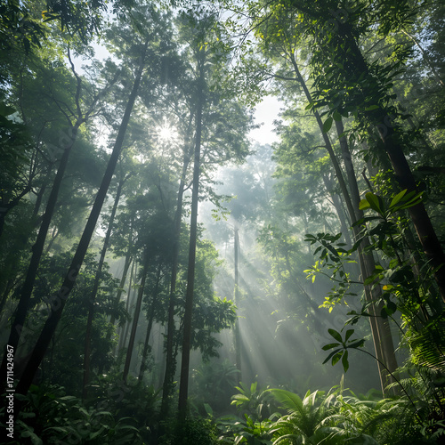 “Morning Sunlight Through Dense Tropical Forest in Java, Indonesia”