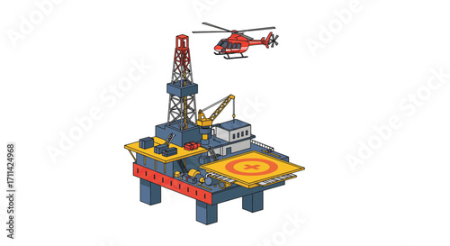 Stylized flat vector illustration of a vibrant oil rig helipad with chopper
