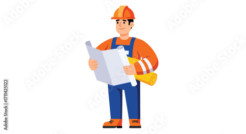Construction worker examining blueprint, standing in construction site or factory