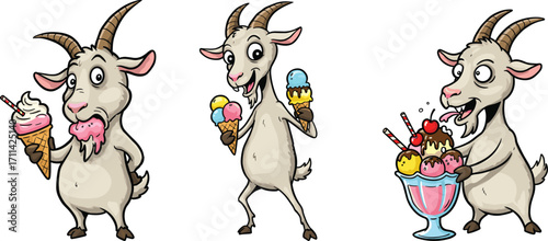 Cartoon goat eating ice cream, funny animal character, sweet treat, summer fun, children's illustration, vector art, playful pet