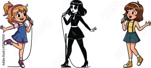 Cartoon girls singing with microphone, musical performance, happy singers, children's illustration, vector art, talent show, music concept