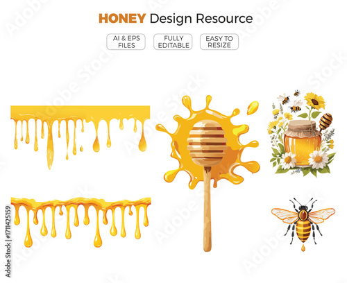 Honey Resource Design, Bee with Honey Vector Illustration, Golden Honeycomb, Natural Food Icon, Sweet Bee Art Organic Honey Symbol Decorative Logo Concept.