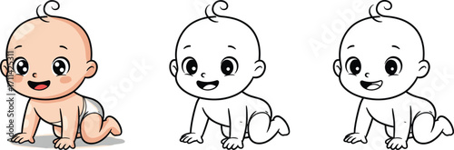 Cute cartoon baby crawling, happy infant, baby development, children's illustration, vector art, coloring page, newborn character