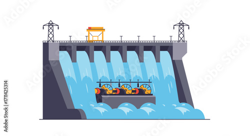 Hydroelectric dam illustration generating clean and renewable energy source