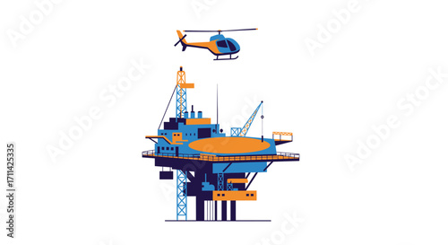 Stylized oil rig with helipad and approaching helicopter illustration