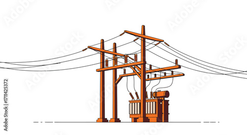 Stylized flat vector illustration of a vibrant electrical power substation grid