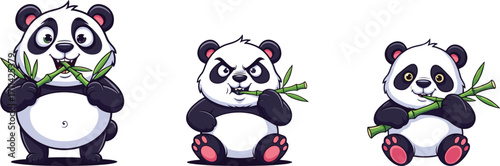 Cute cartoon panda eating bamboo, funny animal character, Chinese wildlife, playful bear, children's illustration, vector art