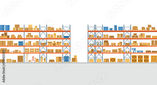 Stylized flat vector illustration of a warehouse interior with shelving racks