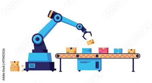 Stylized robotic arm sorting packages on conveyor belt in modern factory