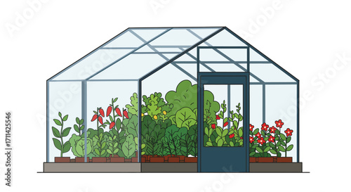 Stylized flat vector illustration of a vibrant greenhouse with plants
