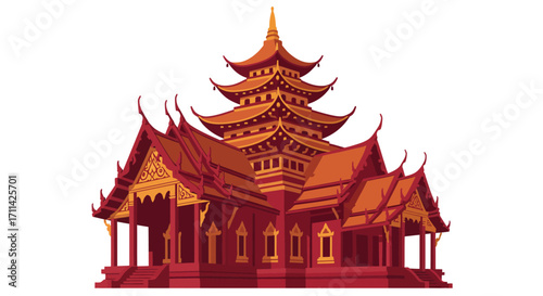 Stylized flat vector illustration of a vibrant buddhist temple design