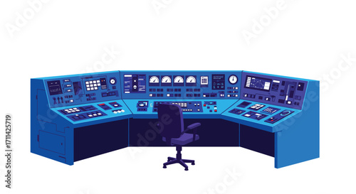 Stylized control room illustration with vibrant operator panels and chair