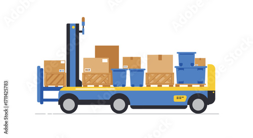 Stylized flat vector illustration of AGV transporting items on white background