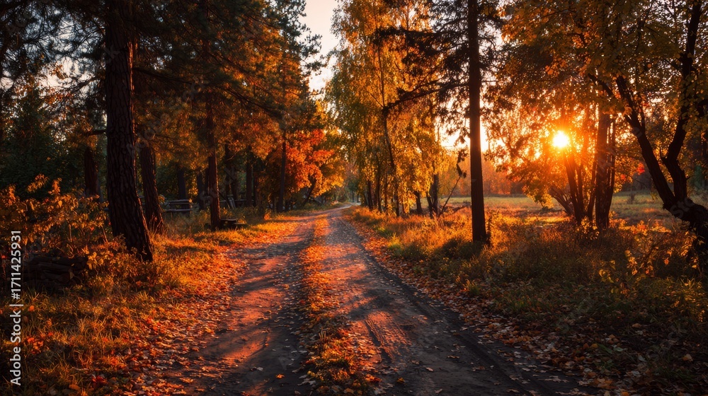 Obraz premium Road in autumn forest at sunset.