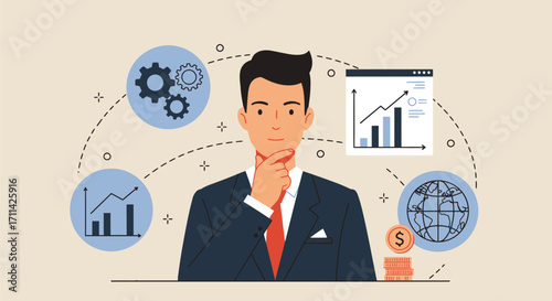 Thoughtful businessman analyzing global market trends and financial performance